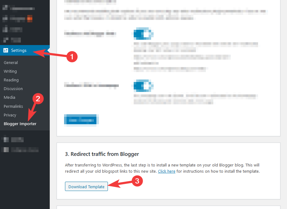 Downloading the redirect template file from Blogger Importer Extended in WordPress