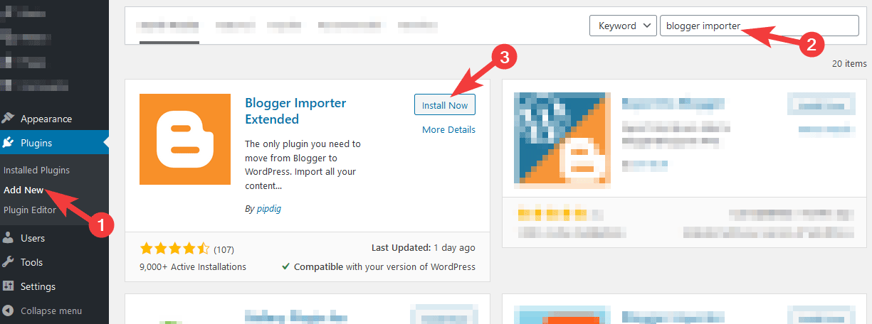 Searching for Blogger Importer Extended on the Add Plugins page