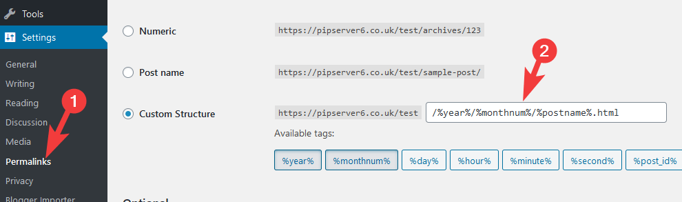 The Custom Structure permalink setting in WordPress