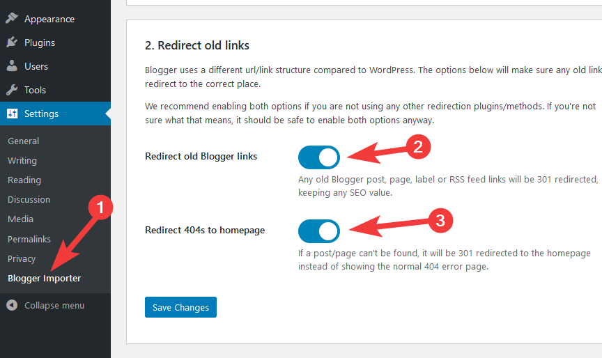 The Redirect old Blogger links and Redirect 404s to homepage options switched on