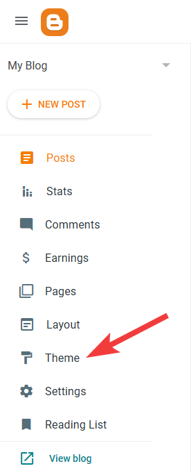 The Theme link in the Blogger dashboard menu