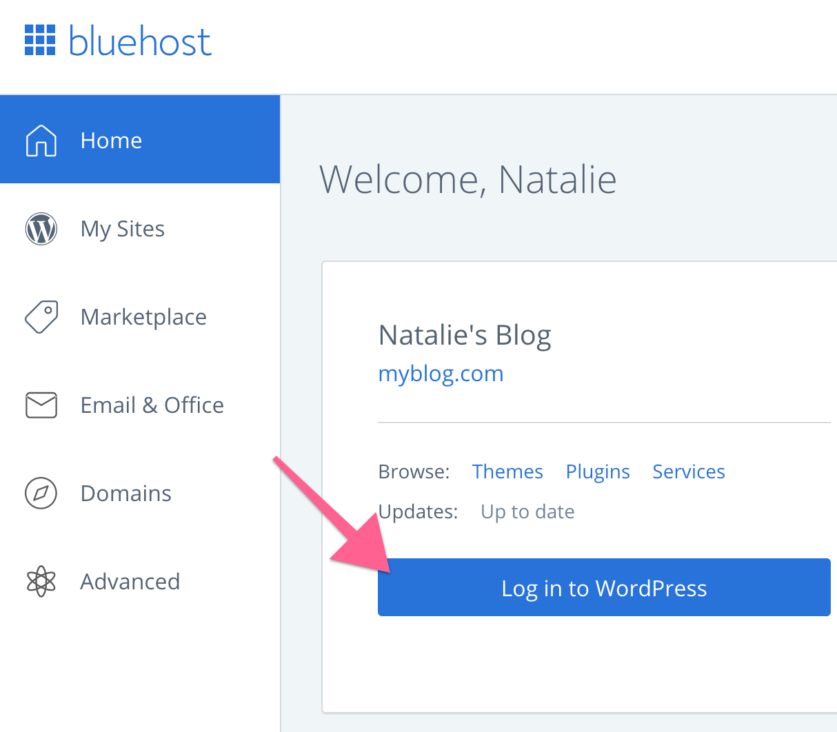 The Log in to WordPress button in the Bluehost dashboard