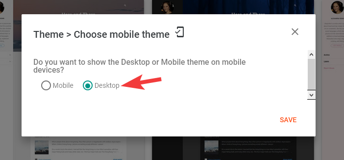 The Desktop option selected in Blogger’s mobile settings